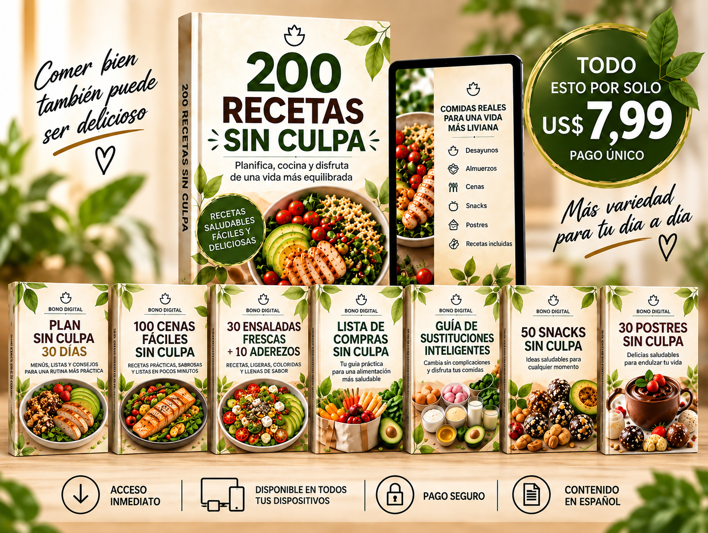 Ebook 200 Recetas Sin Culpa con sus bonos en celular y tablet